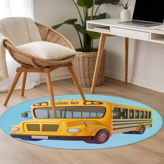 Yellow School Bus 3.3ft Round Rug for Bedroom Reading Corner, Blue Background Cartoon 3D Simple Washable Non Slip Circle Area Rug