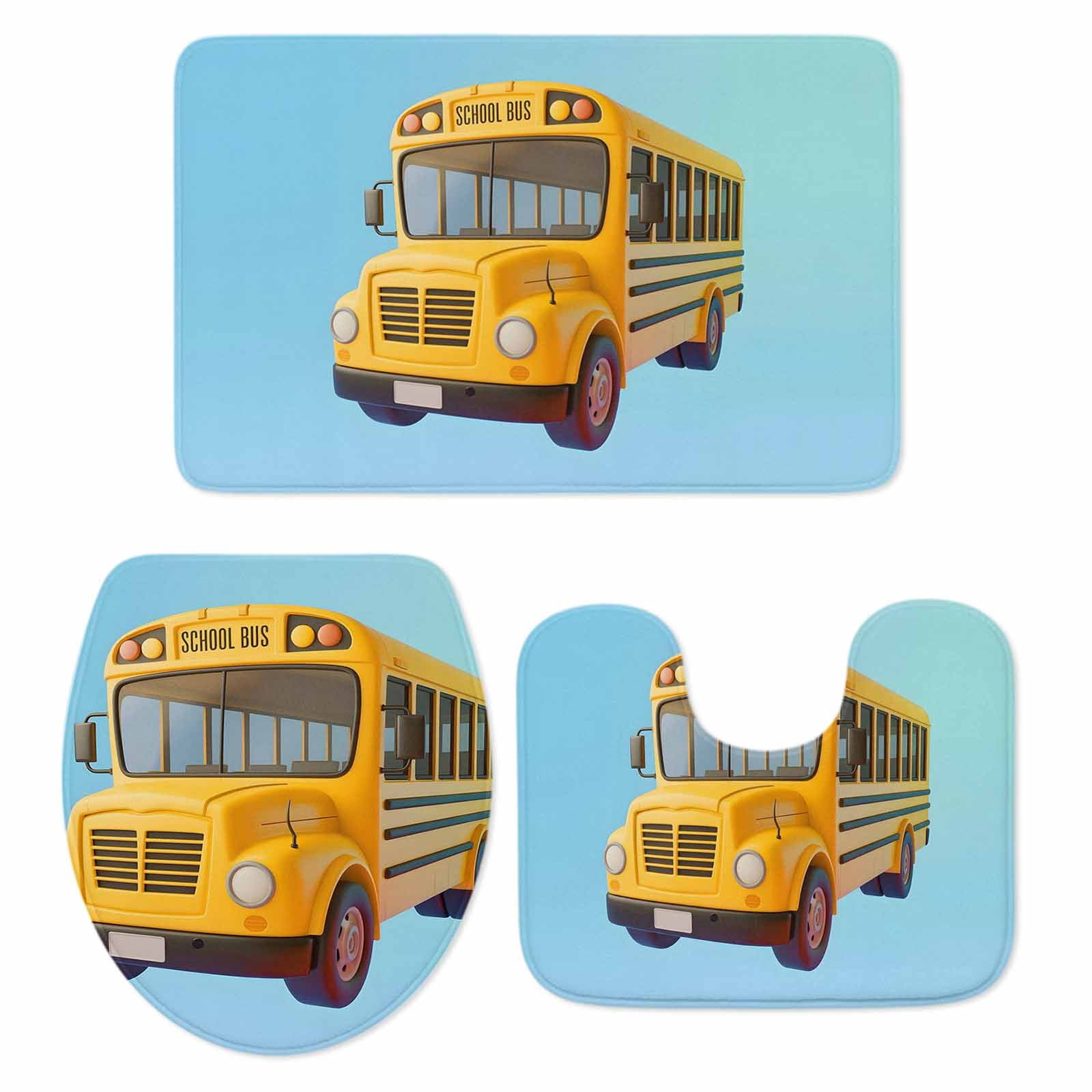 Cartoon Shool Rug Yellow School Bus Bathroom Rugs Set Blue Background Cartoon 3D Simple ...