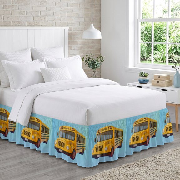 Yellow School Bus Bed Skirt King Size 18 Inch Drop, Blue Background Cartoon 3D Simple Adjustable Elastic Dust Ruffles Bedskirt for King Bed Wrap Around Pleated Mattress Frame Cover