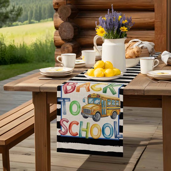 Yellow School Bus Black Stripe Linen Table Runner 13x36in Non-Slip Cotton Linen Table Runners, Back to School Dresser Scarves TableRunner for Dinner Kitchen Dining Wedding Party