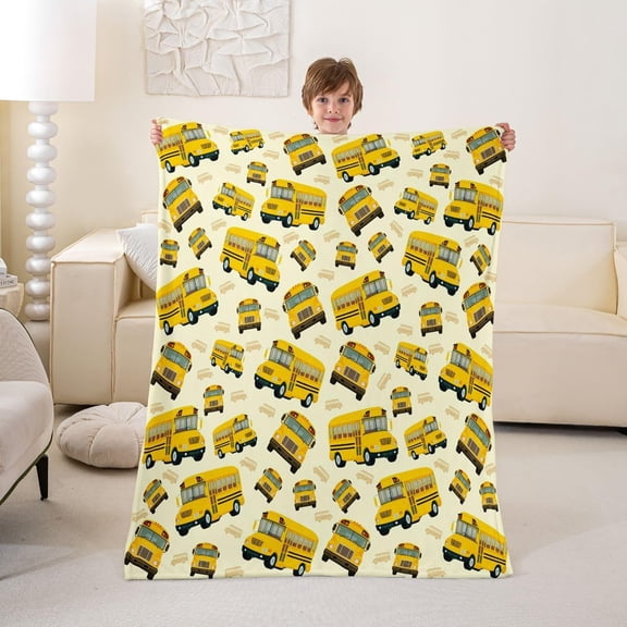 Yellow School Bus Fleece Throw Cartoon Truck Flannel Plush Fuzzy Transport Vehicles for Bed Couch Chair Living Room Twin Bedroom Decor 30" x 40"