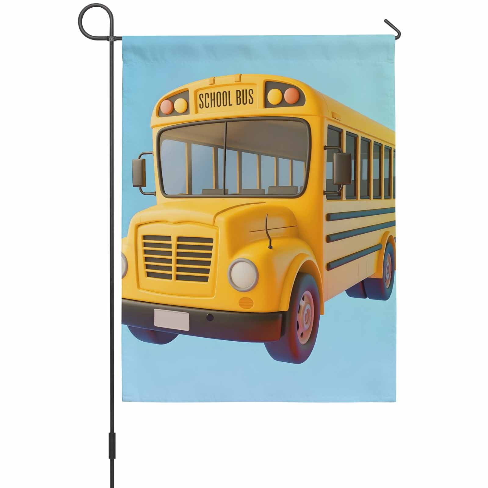 Yellow School Bus House Flag 28 x 40 Inches, Blue Background Cartoon 3D Simple Weather Proof Outdoor Patio Flags Double Sided Small House Decoration for Yard Lawn Outside Home