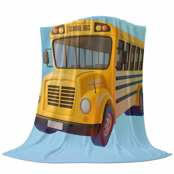 Yellow School Bus Throw Flannel Blanket Blue Background Cartoon 3D Simple Super Soft Cozy Bed Blanket, Lightweight Plush Fuzzy Bed Throw for Bedroom Sofa Couch Living Room 60x80In,