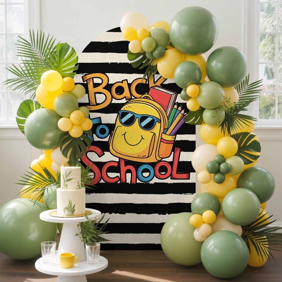 Yellow Schoolbag Arch Backdrop Cover, 4FT, Cartoon Back To School Bag Pencil Book Black White Stripe Linen Spandex Arch Covers Backdrop for Wedding Birthday Party Photo Background Decoration