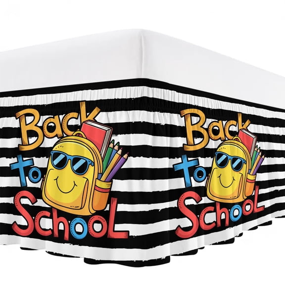Yellow Schoolbag Bed Skirt California King Size 18 Inch Drop, Cartoon Back To School Bag Pencil Book Black White Stripe Wrap Around Dust Ruffle Bedskirt with Adjustable Elastic Belt