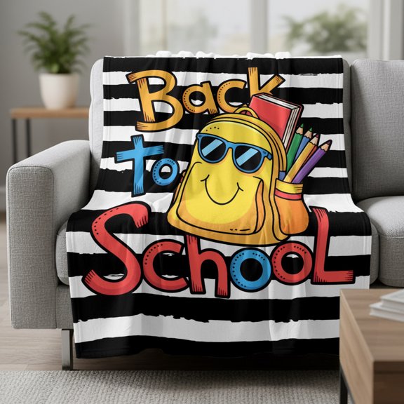 Yellow Schoolbag Fleece Throw Blanket Cartoon Back To School Bag Pencil Book Black White Stripe Ultra Soft Fuzzy Cozy Flannel Throw Blanket for Couch Sofa Bed Car Travel, Ideal Gifts 30x40 Inches