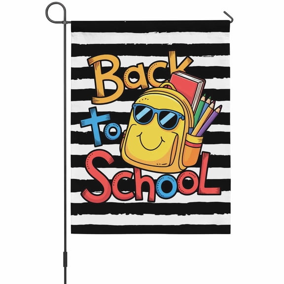 Yellow Schoolbag House Flag 28 x 40 Inches, Cartoon Back To School Bag Pencil Book Black White Stripe Weather Proof Outdoor Patio Flags Double Sided Small House Decoration for Yard Lawn Outside Home