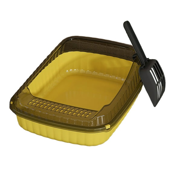 Yellow Semi Enclosed Cat Litter Box High Sided Splash Proof Litter Tray With Shovel For Large Cats Kittens 48X32X14Cm 18.9X12.6X5.51In 0.88Lb