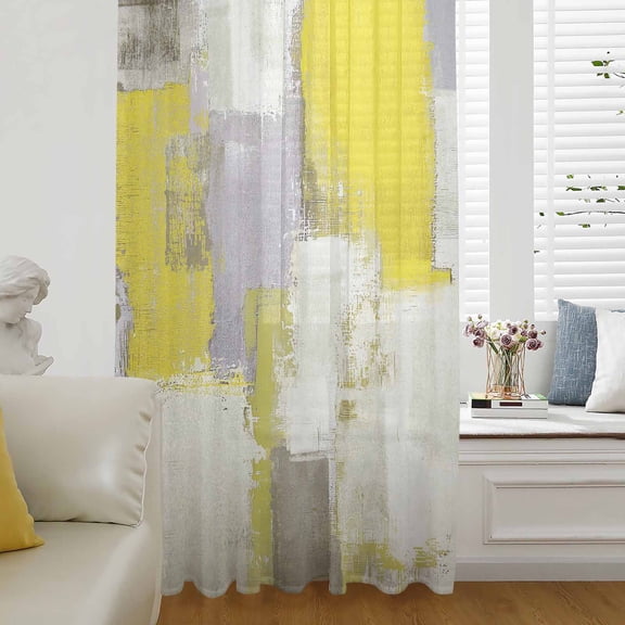Yellow Semi Sheer Curtains Drapes for Living Room, Bedroom, French Doors Window 54 Inches Long, Modern Geometric Grey Oil Painting Abstract Rod Pocket Chiffon Curtain Drapery Voile Draperies Panel