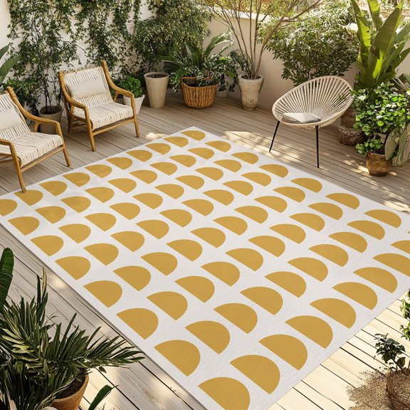 Yellow Semicircles Outdoor Rug, Boho Layered Sunny Arcs Gold Mustard Non-Slip Area Rugs Carpet Breathable Large Floor Mat for Outdoors Patio Porch Deck Beach 6’ x 9’