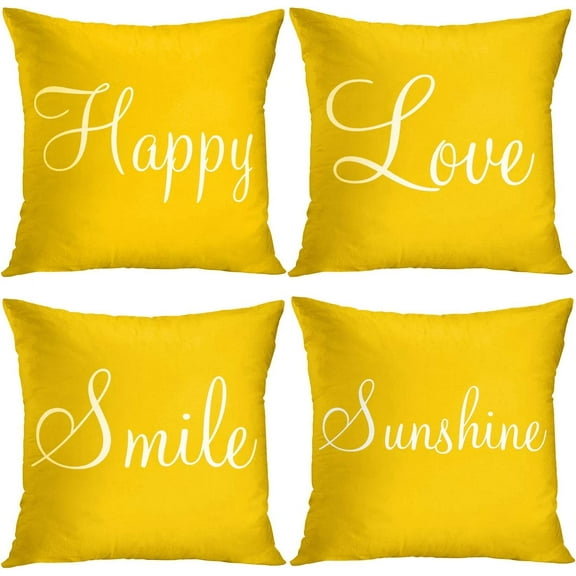 Yellow Set of 4 Throw Pillow Covers Furry Home Decor Pillow Cases Decorative 18X18 Inches Outdoor Cushion Couch Sofa Cojines Pillowcases Sunshine Happy Love Smile
