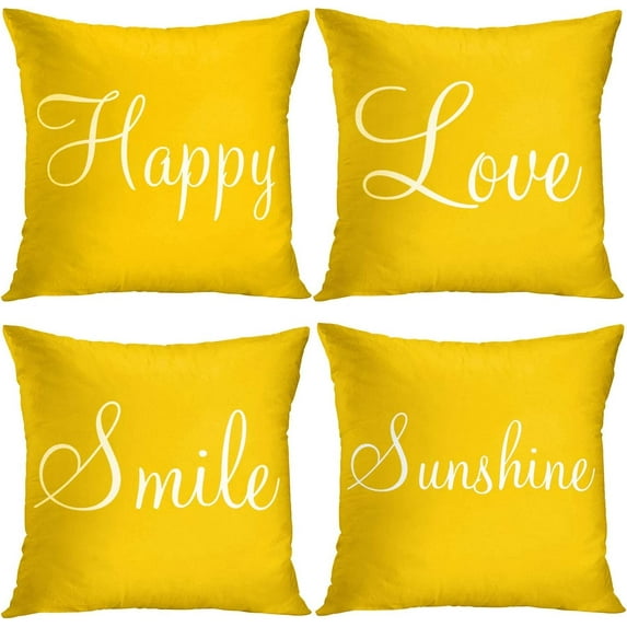 Yellow Set of 4 Throw Pillow Covers Furry Home Decor Pillow Cases Decorative 18X18 Inches Outdoor Cushion Couch Sofa Cojines Pillowcases Sunshine Happy Love Smile