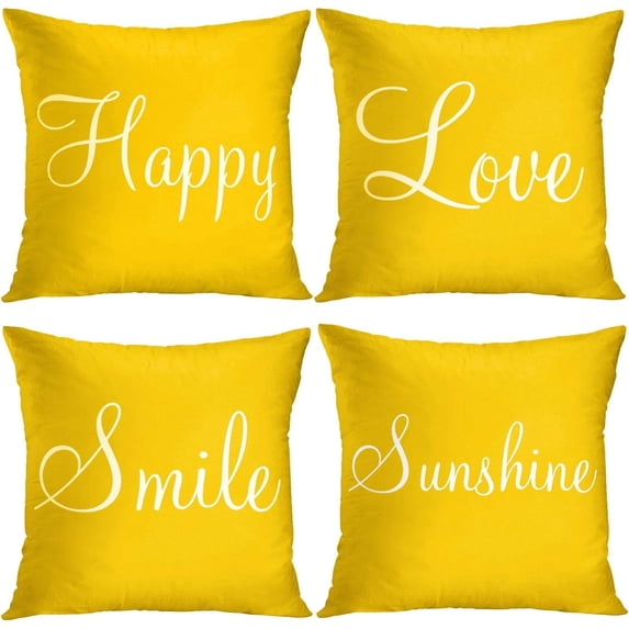 Yellow Set of 4 Throw Pillow Covers Furry Home Decor Pillow Cases Decorative 18X18 Inches Outdoor Cushion Couch Sofa Cojines Pillowcases Sunshine Happy Love Smile