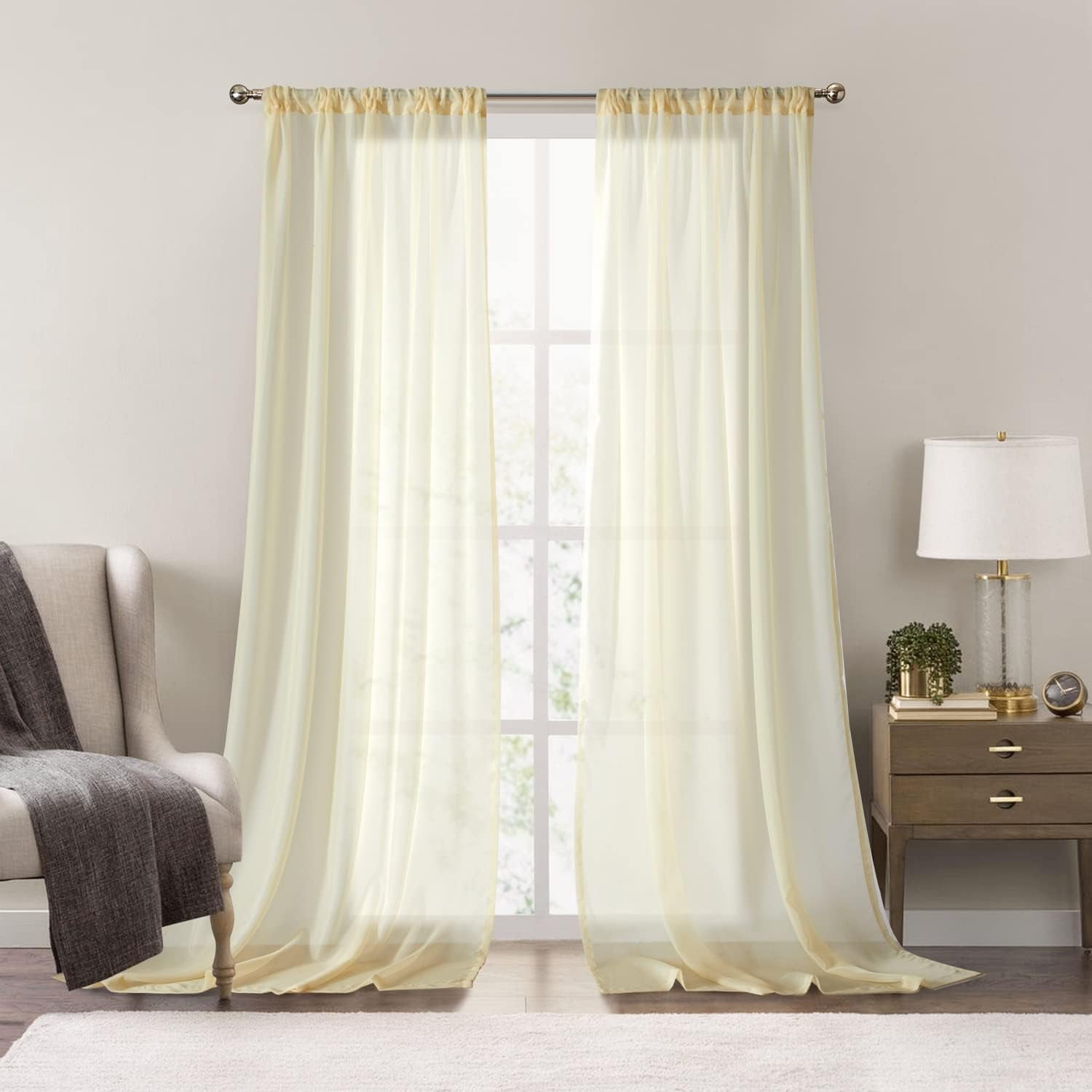 Yellow Sheer Curtains 102 inches Long Rod Pocket Curtains 42" W x 102