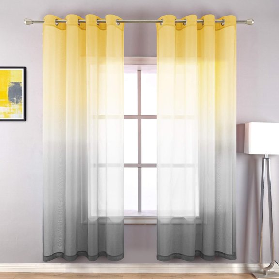 Yellow Sheer Curtains 63 Inch Length for Dining Room,Ombre Rainbow Summer Curtains for Living Room Decor Bedroom with Grommet,Yellow and Grey