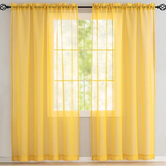 Yellow Sheer Window Rod Pocket Curtain Set 90" Inches Long (2 Panels)