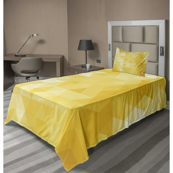 Ambesonne Yellow Fitted & Top Sheet Set with Sham, Geometric Triangle, Yellow