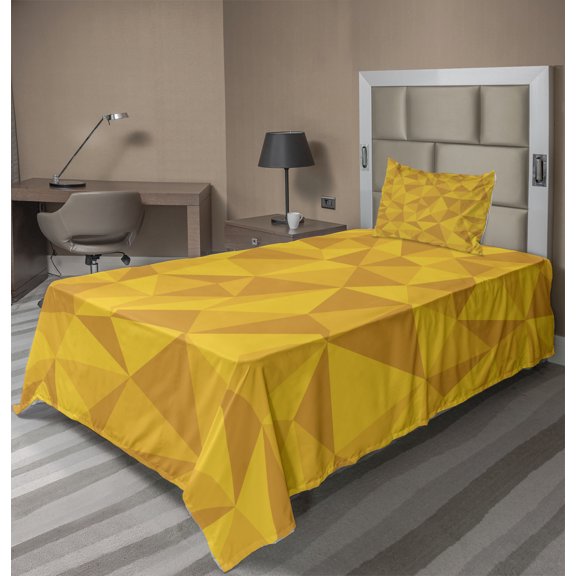 Ambesonne Yellow Fitted & Top Sheet Set with Sham, Abstract Mosaic Design, Yellow Orange