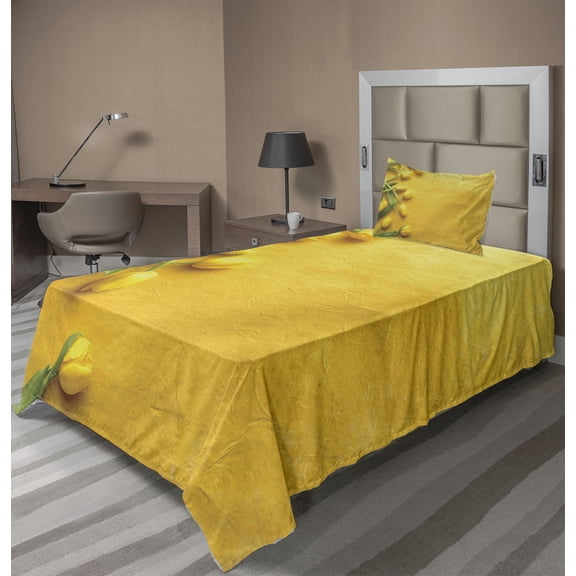 Ambesonne Yellow Fitted & Top Sheet Set with Sham, Tulip Flowers Garden, Yellow Green