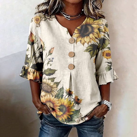 Yellow Shirts for Womens 3/4 Sleeve Fall Slim Fit Basic Shirt Layer for Office