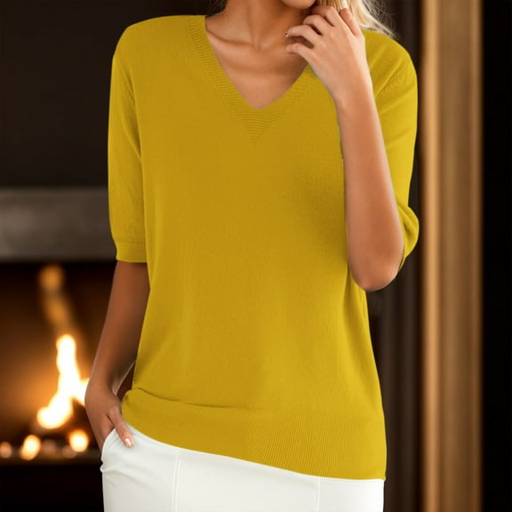 Yellow Short Sleeve Shirts for Women's Round Neck Short Sleeved Loose T Shirt with A Knit Bottom Short Top Fashion Clothing