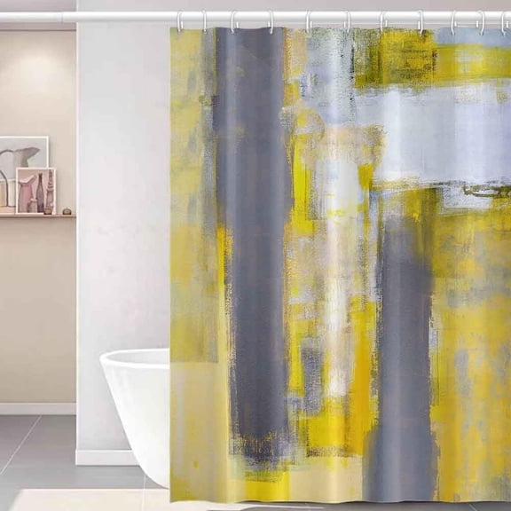Yellow Shower Curtain for Bathroom Abstract Yellow Gray Watercolor Shower Curtain Set with Hooks Contemporary Oil Panting Fabric Waterproof Shower Curtains 72x72inches