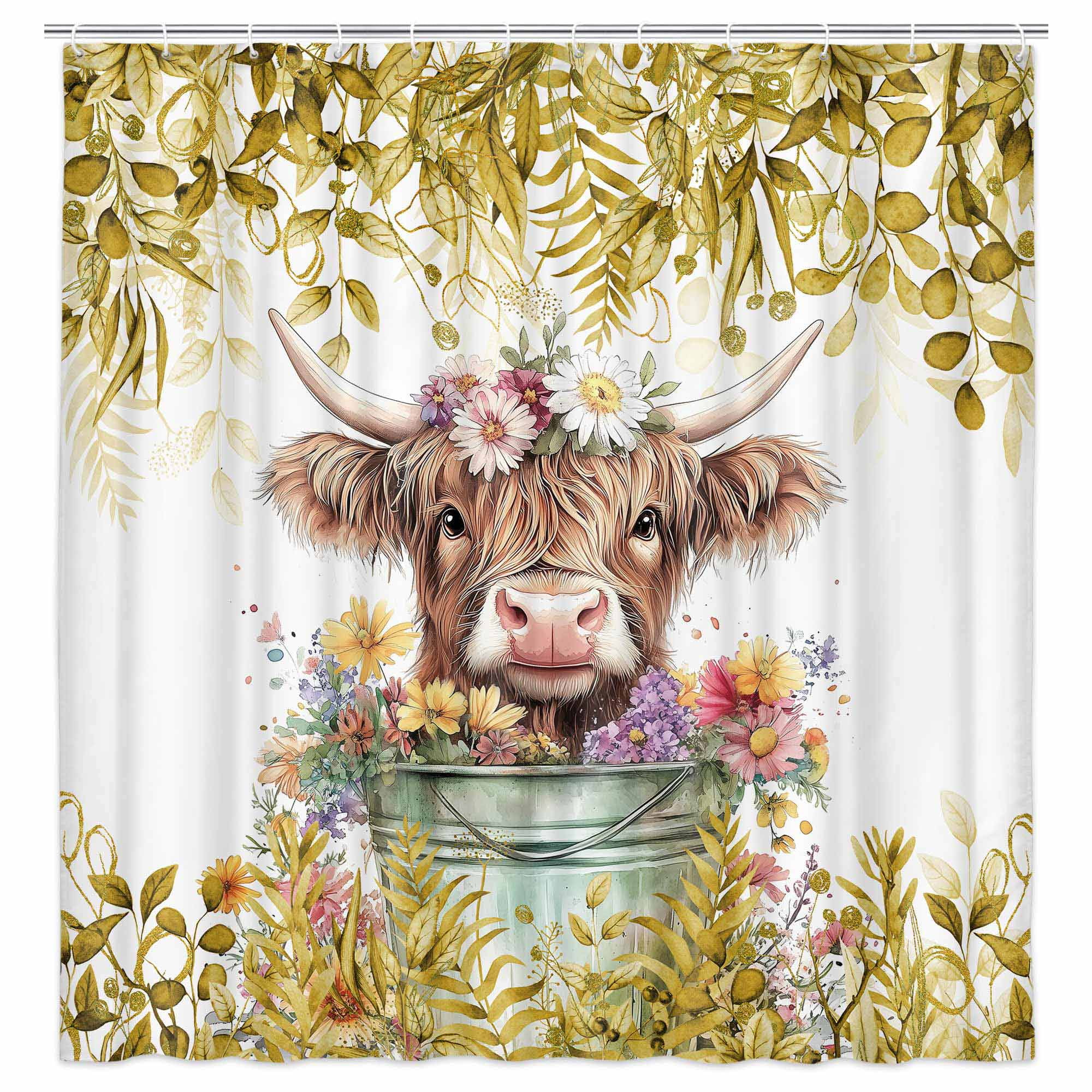 Yellow Shower Curtain, Boho Plant Eucalyptus Leaves Floral Funny Highland Cow Bath Curtain, Farmhouse Animals Bathroom Accessories Botanical for Bathroom Curtain Set with Hooks, 72X72in