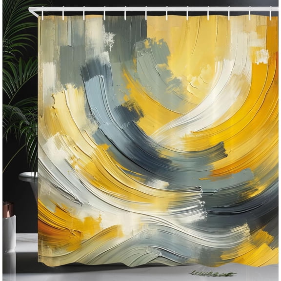 Yellow Shower Curtain, Contemporary Abstract Art Design Brush Strokes Look Composition Print, Cloth Fabric Bathroom Decor Set with Hooks, 69" W x 84" L, Pale Orange and Blue Grey