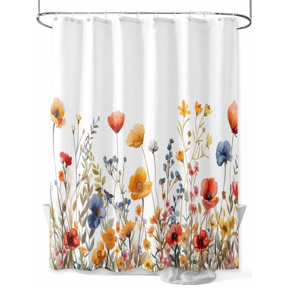 Yellow and Shower Curtain, Red Poppy Watercolor Floral Plants Waterproof Shower Curtain Set with 12 Hooks Lightweight Washable Fabric Shower Curtains for Bathroom 60x72 Inches