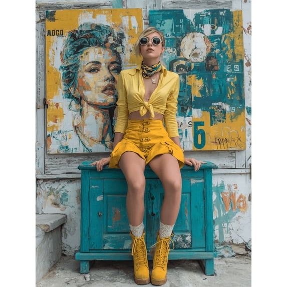 Yellow Skirt Fashion Girl Canvas Wall Art, Urban Pop Graffiti Portrait, Modern Edgy Room Decor