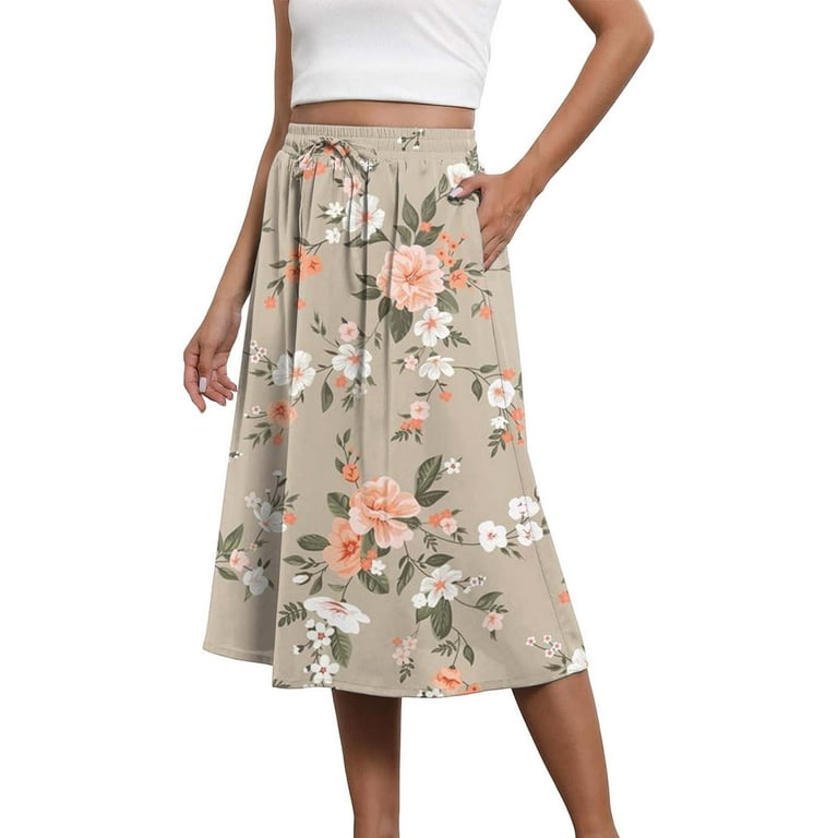 Yellow Skirts for Women Boho Skirts for Women Trendy Summer Flowy Floral Midi Skirts with Pockets Lightweight Drawstring High Waisted Skirts Maxi Skirt Walmart