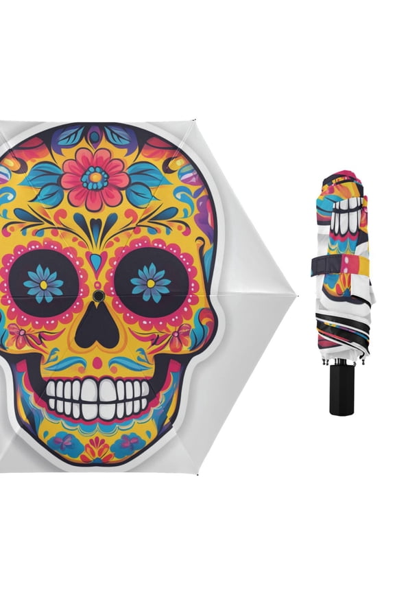 Yellow Skull with Flowers All Weather Umbrella Triple Folding Parasol 6 Ribs UV Protection Portable
