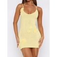 thumbnail image 1 of Yellow Sleeveless Halter Knit Bodycon Mini Dress With 3D Floral Embellishments, 1 of 6