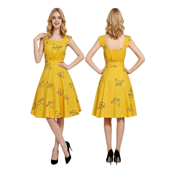 Yellow Sleeveless Square Neck Dress Halloween Costumes for Women, Movie Inspired Outfit for Cosplay Party Events