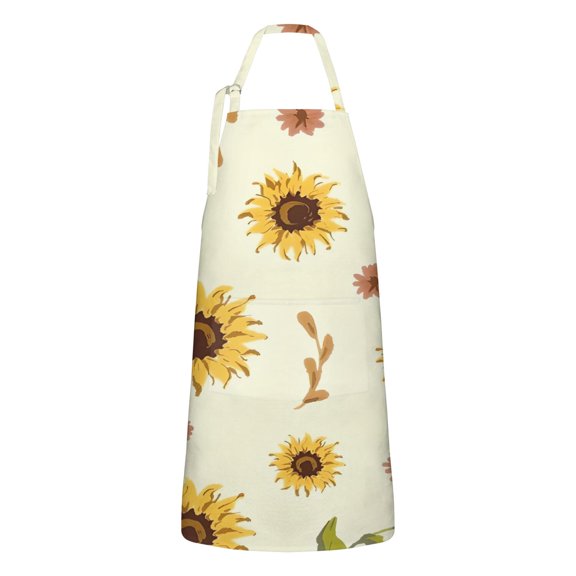 Yellow Small Flower Sunflower Pattern Apron-Garden Aprons for Women with Pockets-Cotton Linen Waterproof Kitchen Cooking Gardening Aprons Adjustable for Kitchen,Cooking,BBQ and Salon 33x27 Inch