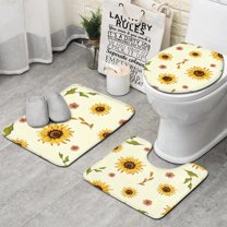 Yellow Small Flower Sunflower Pattern Bathroom Rugs Sets 3 Piece,Toilet Cover Set,Absorbent Non Slip Bathroom Mats Sets with U-Shaped Contour Rug Toilet Rug Set