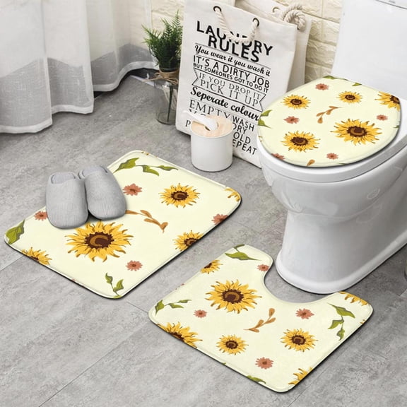 Yellow Small Flower Sunflower Pattern Bathroom Rugs Sets 3 Piece,Toilet Cover Set,Absorbent Non Slip Bathroom Mats Sets with U-Shaped Contour Rug Toilet Rug Set