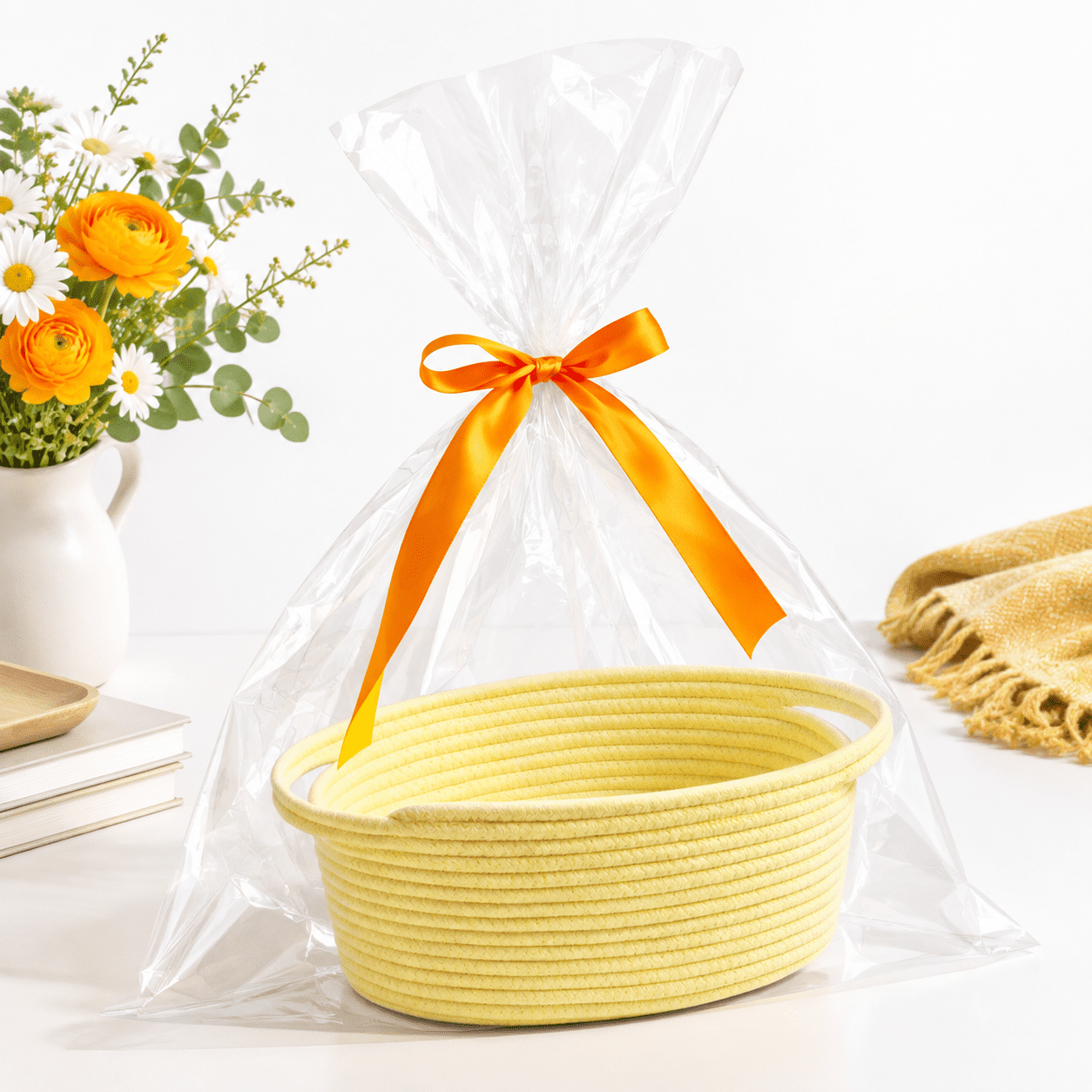 Yellow Small Woven Cotton Rope Storage Basket with Gift Bag and Ribbons ...