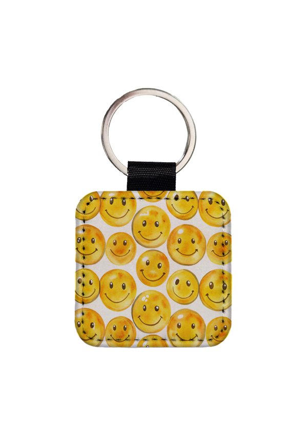 Yellow Smile Faces Watercolor Faux Leather Square Keychain