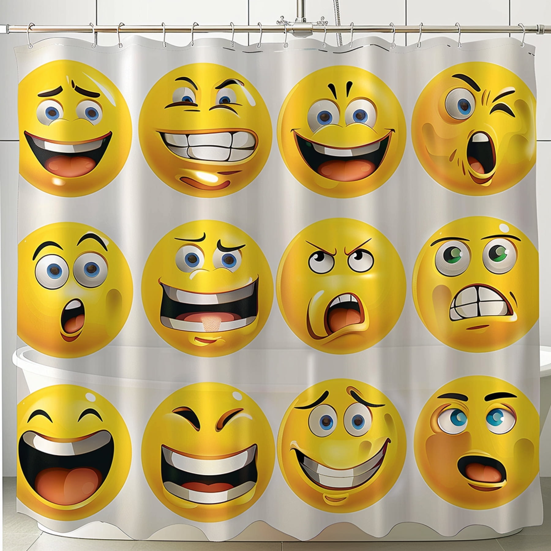 Yellow Smiley Face Emoji Bathroom Curtain with Multiple Emotions
