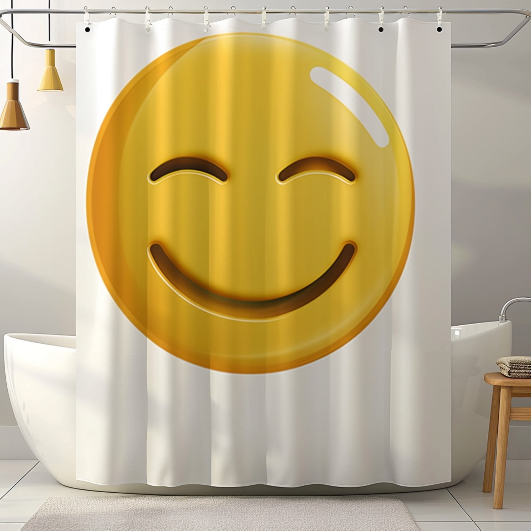 Yellow Smiley Face Emoji Shower Curtain Hyper Realistic Design Bathroom