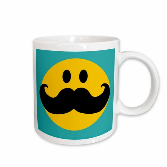 3drose, Yellow Smiling Face, Black Mustache - Teal Blue Turquoise - Fun, 15oz Mug