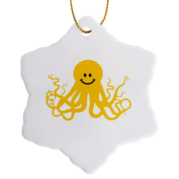 3drose, Yellow Smiling Face Octopus - Kraken - Cthulu - Fun Funny Humorous Giant Squid with Tentacles - Whit, 3 inch Snowflake Porcelain Ornament