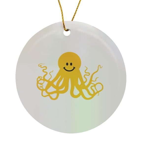 3drose, Yellow Smiling Face Octopus - Kraken - Cthulu - Fun Funny Humorous Giant Squid with Tentacles - Whit, Circle Porcelain Ornament