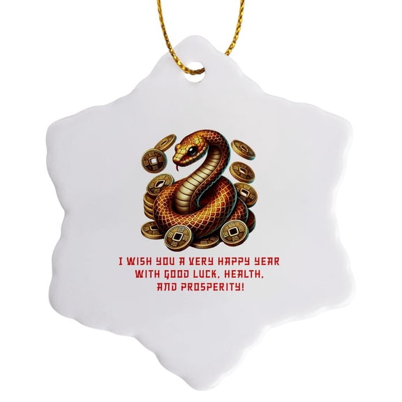 3drose, Yellow Snake and New Year Wish. Chinese Zodiac 2025. Gift for All., 3 inch Snowflake Porcelain Ornament