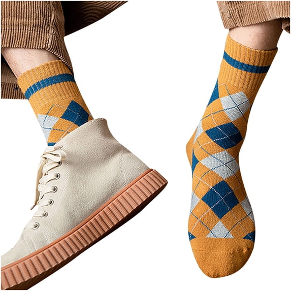 Yellow Socks Winter Men Socks Diamond Lattice Terry Middle Tube Stocking