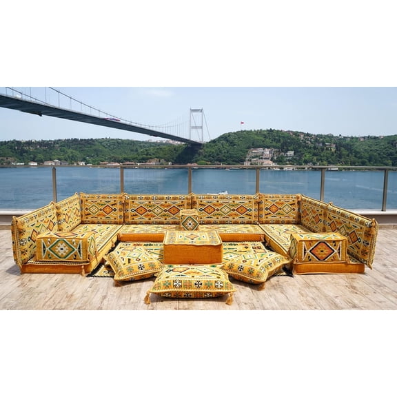 Yellow Sofa, U Shaped Convertible, Turkish Sofa Seating, Floor Pillows, Arabic Majlis, Sleeper Sofa, Floor Cushion Seating