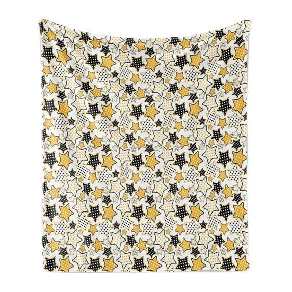Yellow Soft Flannel Fleece Blanket, Yellow and Black Stars with Retro Style Polka Dots Pattern Old Fashion Fun, Cozy Plush for Indoor and Outdoor Use, 70" x 90", Marigold Black White, by Ambesonne