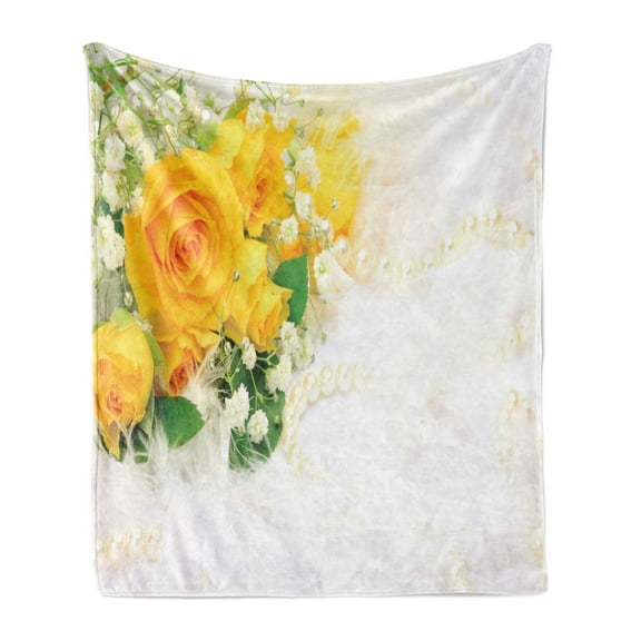 Yellow Soft Flannel Fleece Blanket, Bouquet of Romantic and Colorful Roses on a White Background Adoration, Cozy Plush for Indoor and Outdoor Use, 60" x 80", Yellow Pearl Fern Green, by Ambesonne
