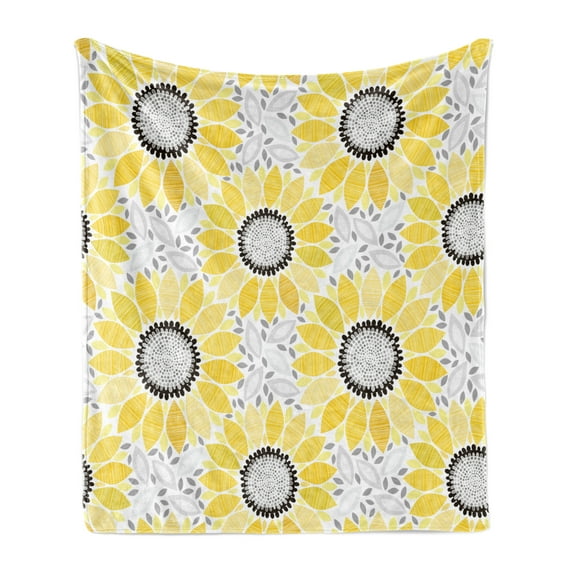 Yellow Soft Flannel Fleece Blanket, Colorful Illustration of Sun Flower with Motifs and Patterns Summer Nature Artprint, Cozy Plush for Indoor and Outdoor Use, 70" x 90", Yellow Grey, by Ambesonne